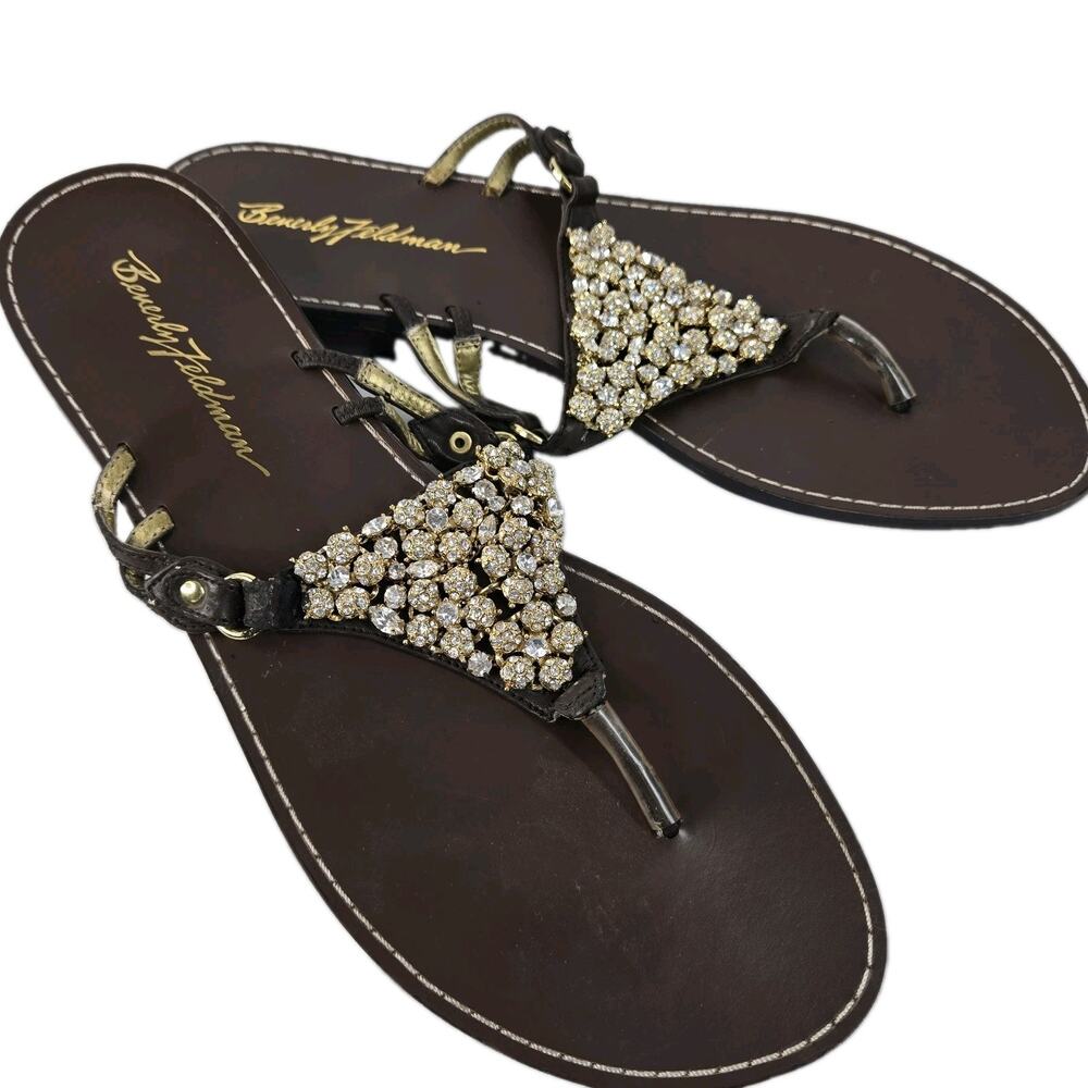 Beverly Feldman VTG Jeweled Sandals Womens Size 11M Brown Leather Rhinestones